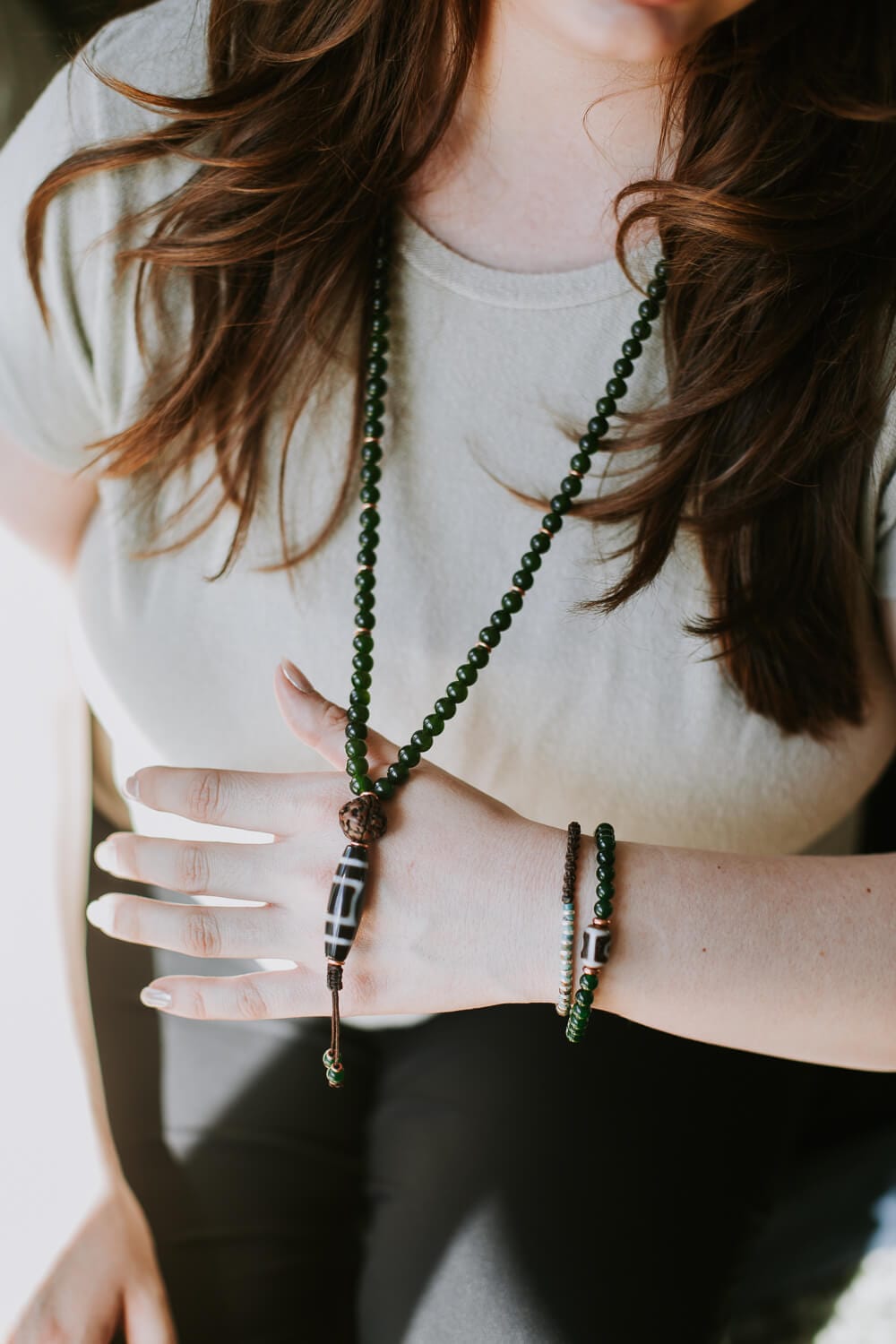 Sky Door Dzi Heart Chakra Jade Mala - Image 3