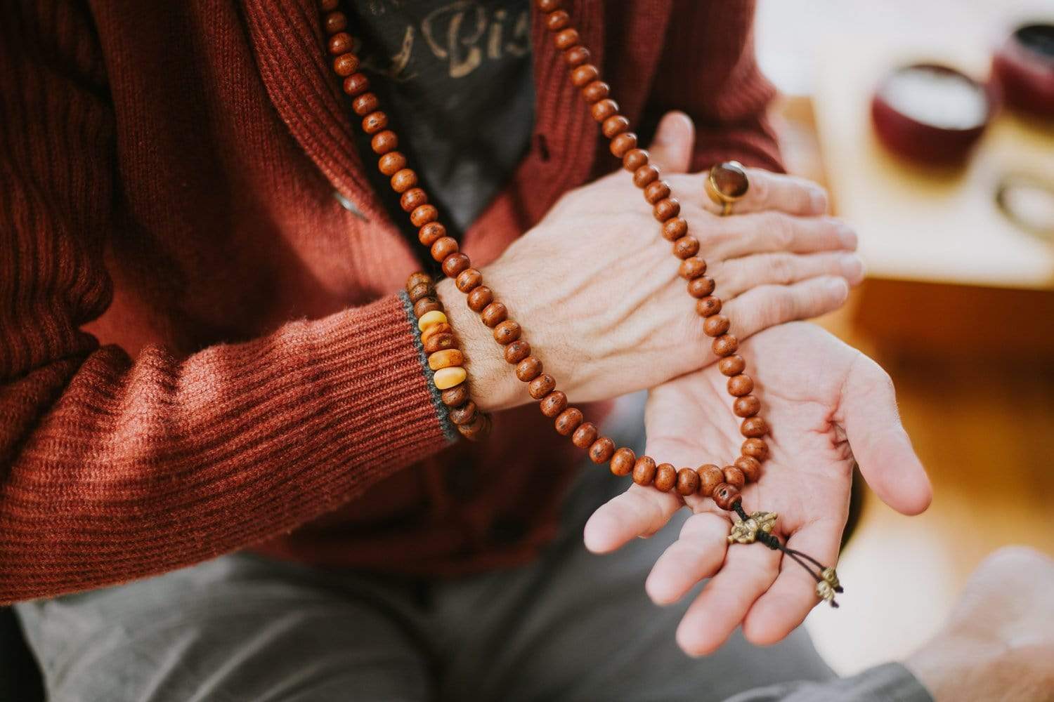 Bodhi Seed and Amber Wrist Mala - Image 9
