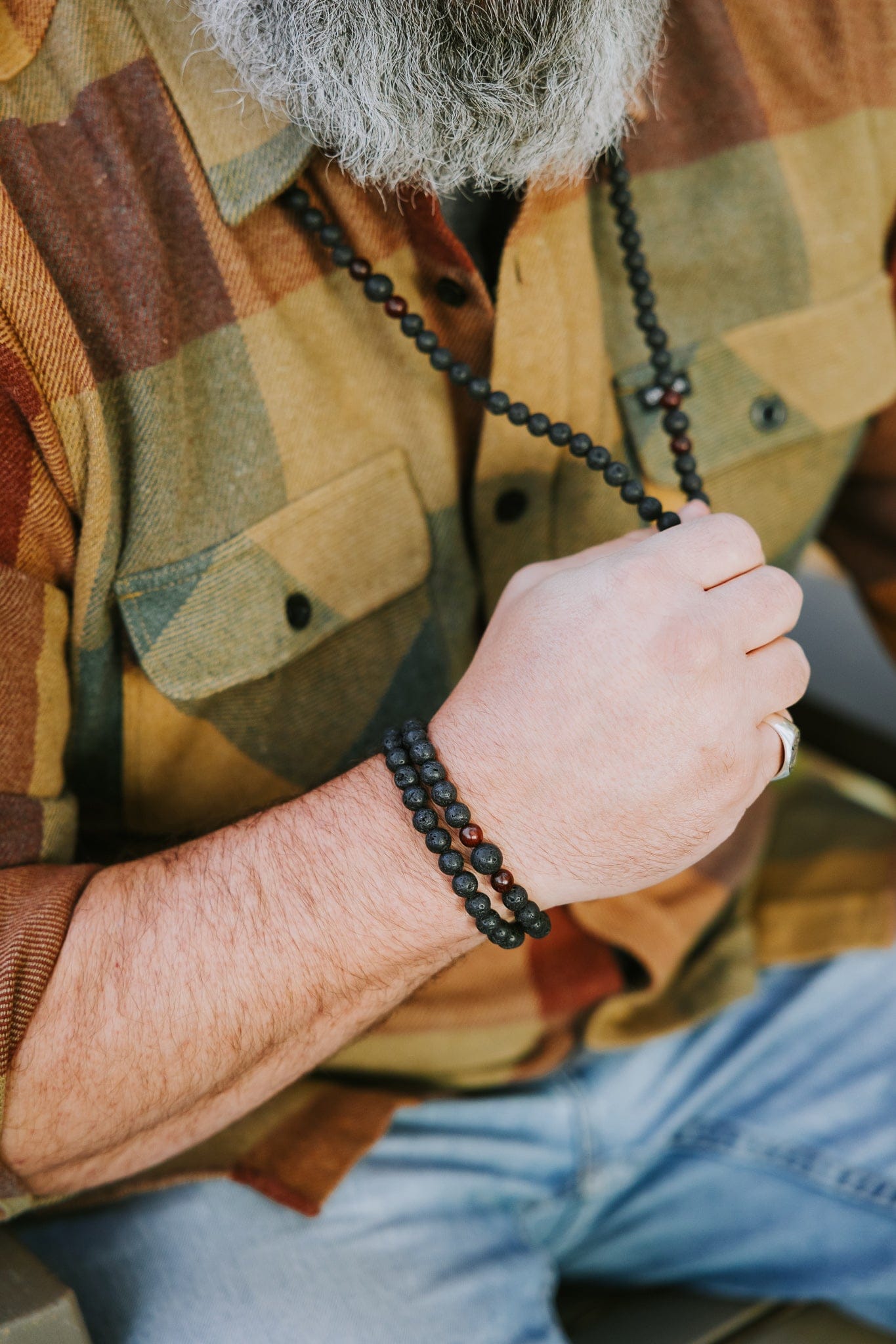 Double Wrap Lava Rock & Thai Wood Beads Mala Bracelet - Image 3
