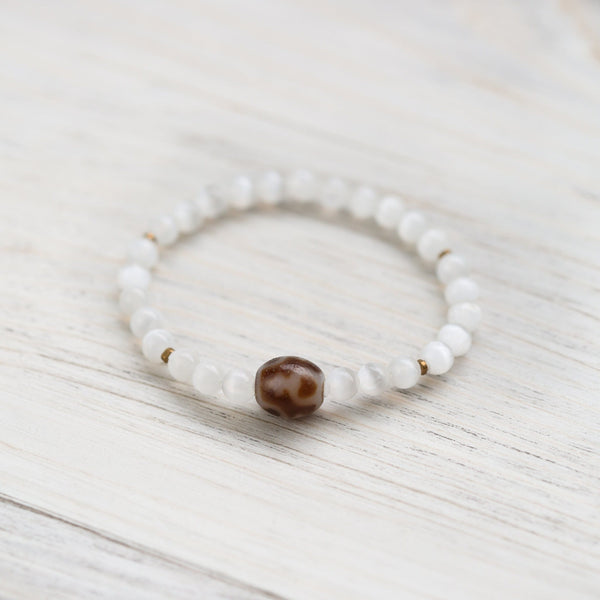 Selenite & Lotus Dzi Bracelet